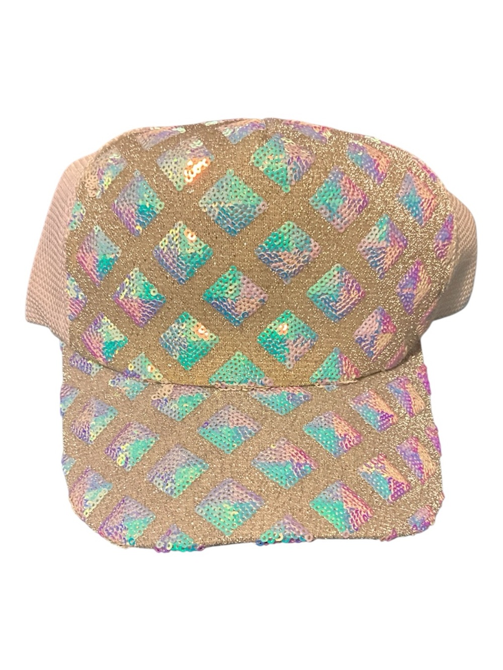 Iridescent Sequin Diamond-Pattern Baseball Cap - white/iridescent
